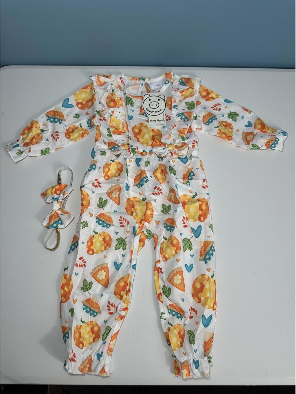 Sunny Piggy Infant Pumpkin Print Jumpsuit with Headband 12-18M